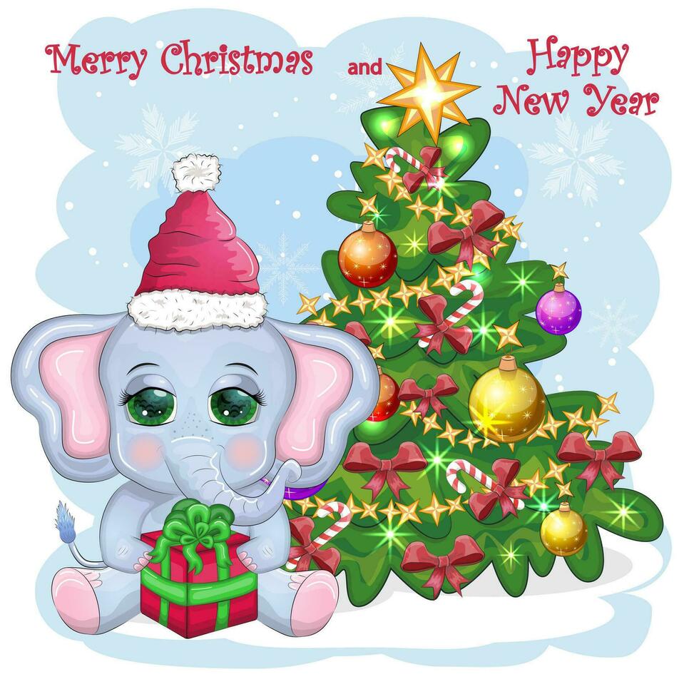 fofa desenho animado elefante, infantil personagem dentro santa chapéu com presente, Natal bola ou doce bengala perto Natal árvore vetor