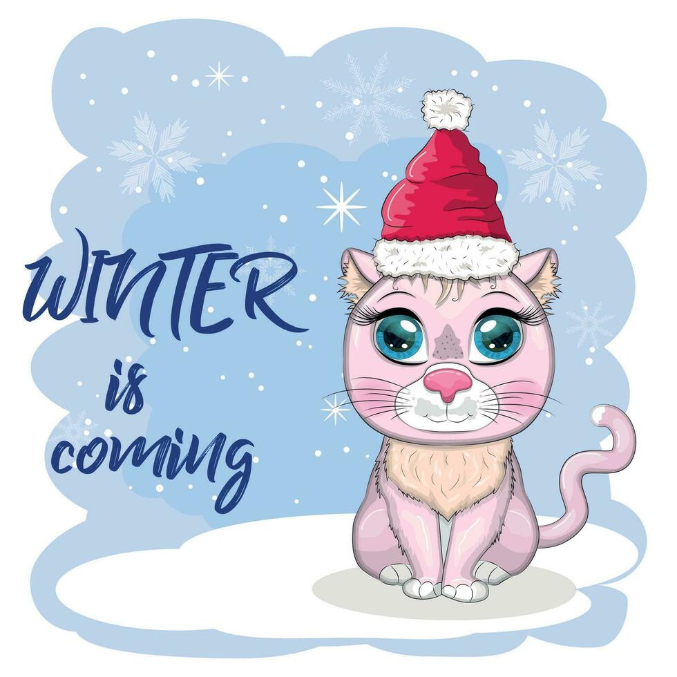gato bonito dos desenhos animados em um chapéu de Papai Noel em um fundo de neve. inverno 2023, natal e ano novo chinês. vetor