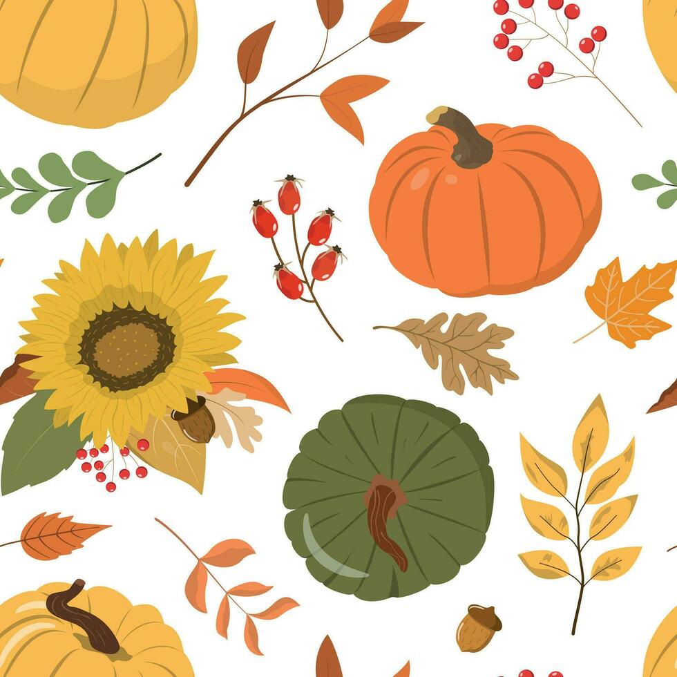 outono rural colheita festival vetor desatado padronizar com colorida abóboras, floresta folhas, e bagas. isolado em branco fundo. Projeto para papeis de parede, digital papel.