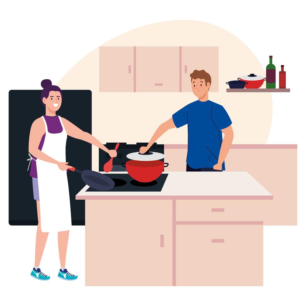 jovem casal cozinhando com suprimentos na cena da cozinha vetor