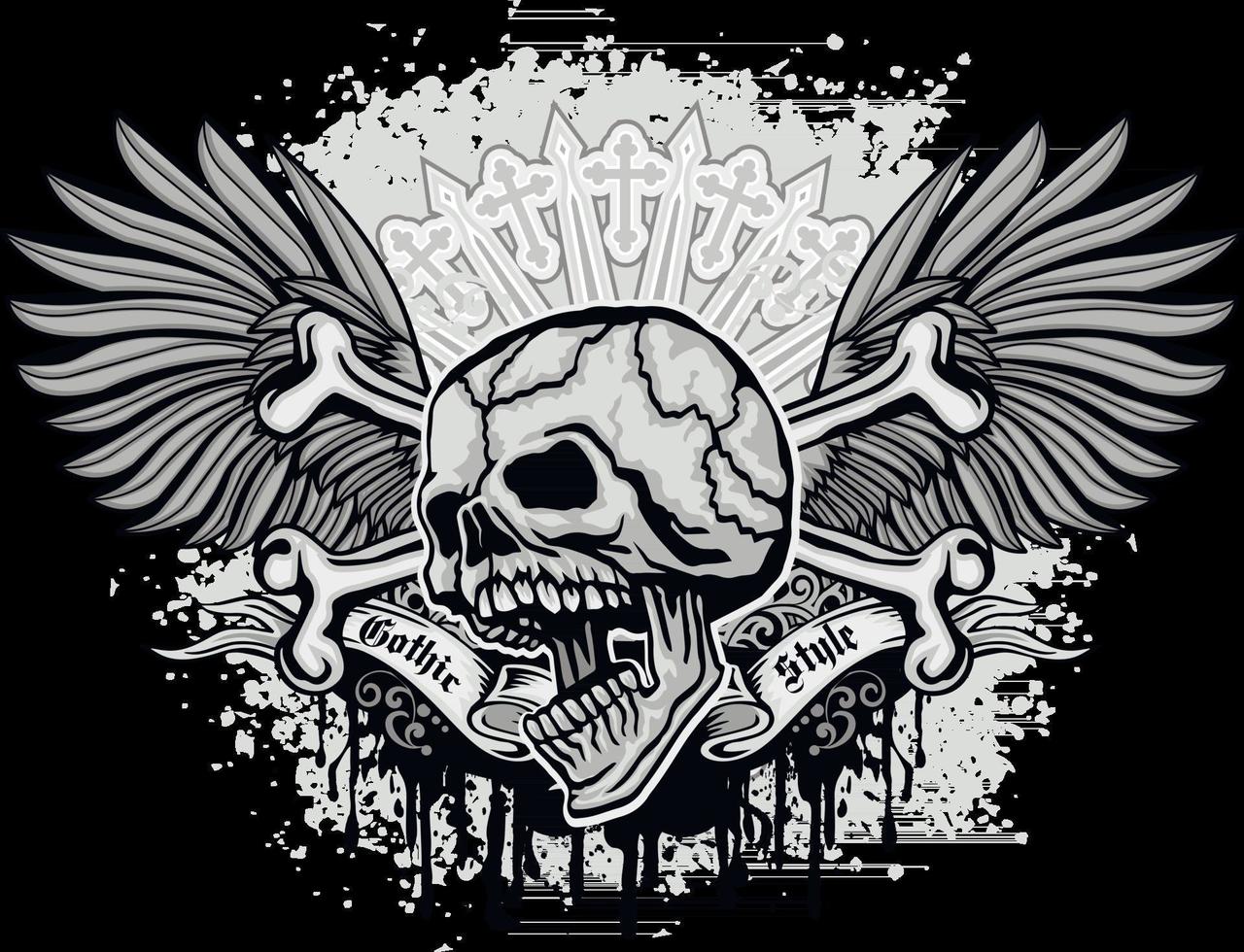sinal gótico com crânio e asas grunge design vintage camisetas vetor