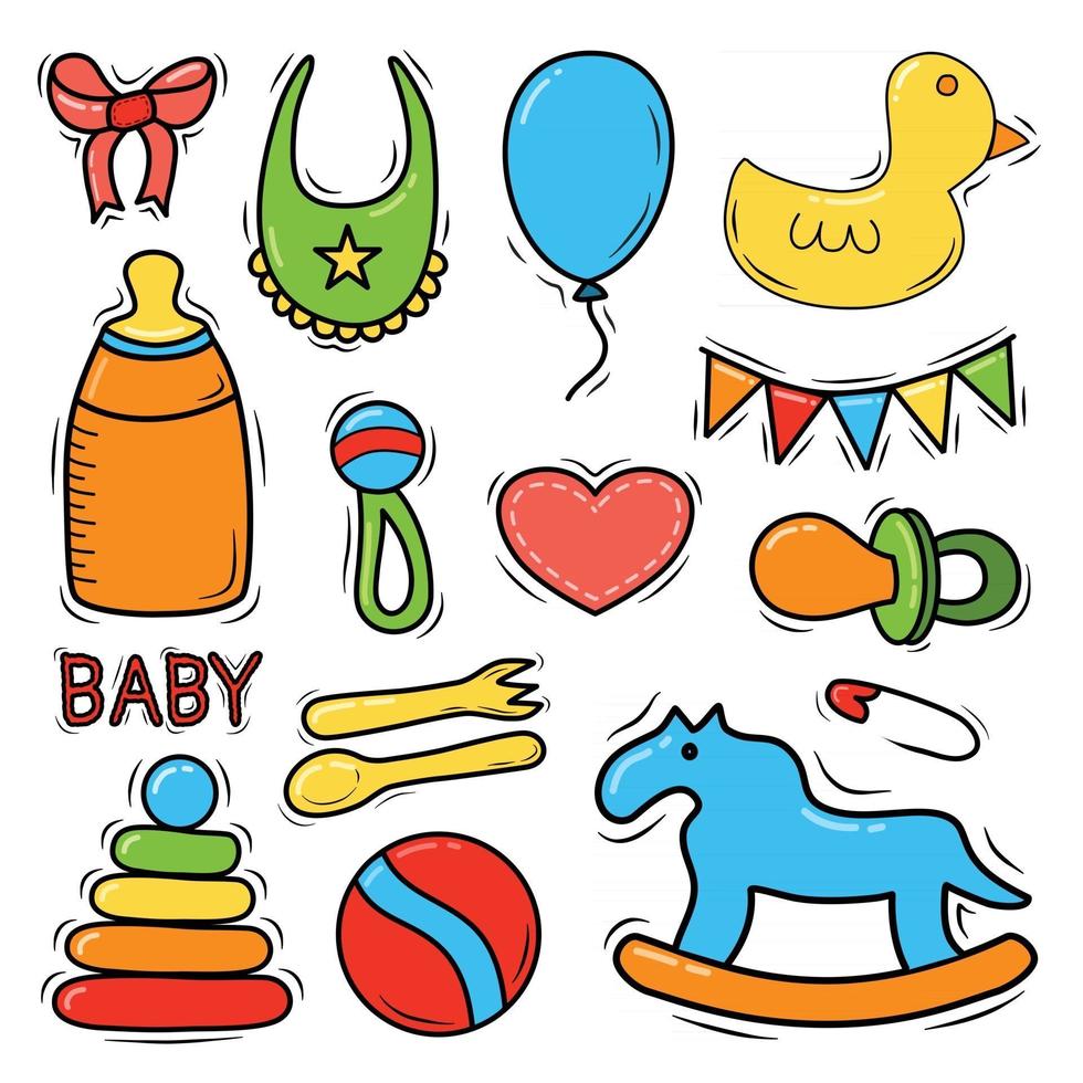 conjunto de bebê desenhado à mão e recém-nascido doodle para ícone banner cartoon estilo de esboço doodle com bebê menina e menino brinquedo bola de comida balão de leite garrafa de leite ilustração vetorial de elementos de aniversário vetor