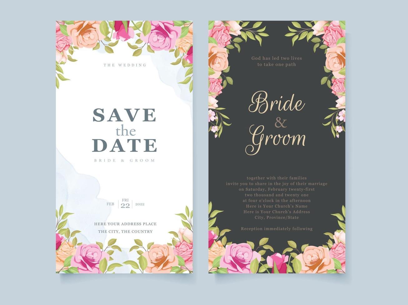 modelo de conceito de cartão floral e folhas de convite de casamento vetor