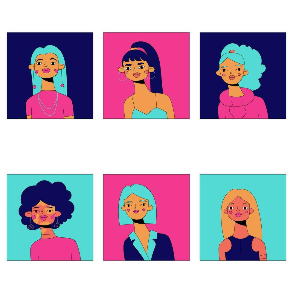 conjunto do avatares ícones do pessoas rostos. diversidade personagens para social meios de comunicação, do utilizador perfil, aplicativo projeto, sites. desenho animado vetor ilustração do homens e mulheres.