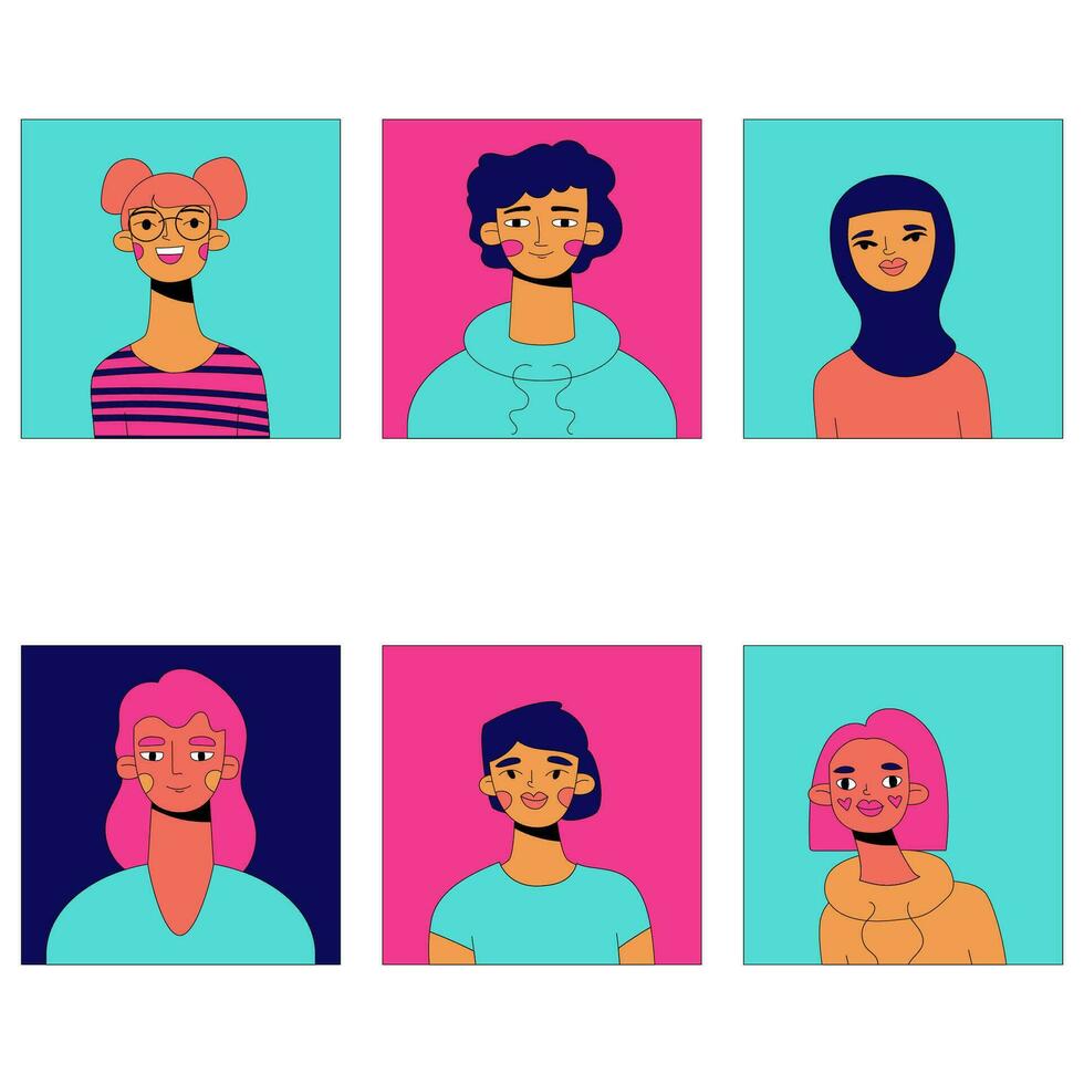 conjunto do avatares ícones do pessoas rostos. diversidade personagens para social meios de comunicação, do utilizador perfil, aplicativo projeto, sites. desenho animado vetor ilustração do homens e mulheres.