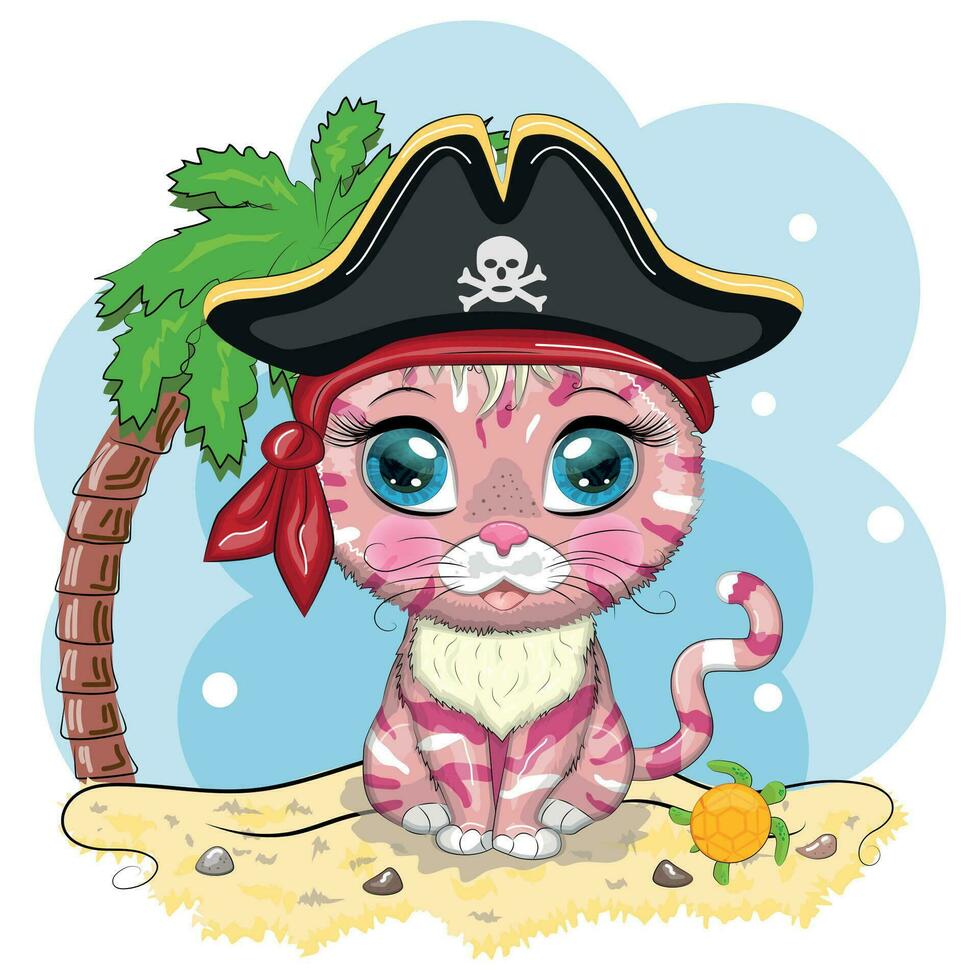 gato pirata, personagem de desenho animado do jogo, gato animal selvagem em uma bandana e um chapéu armado com uma caveira, com um tapa-olho. vetor