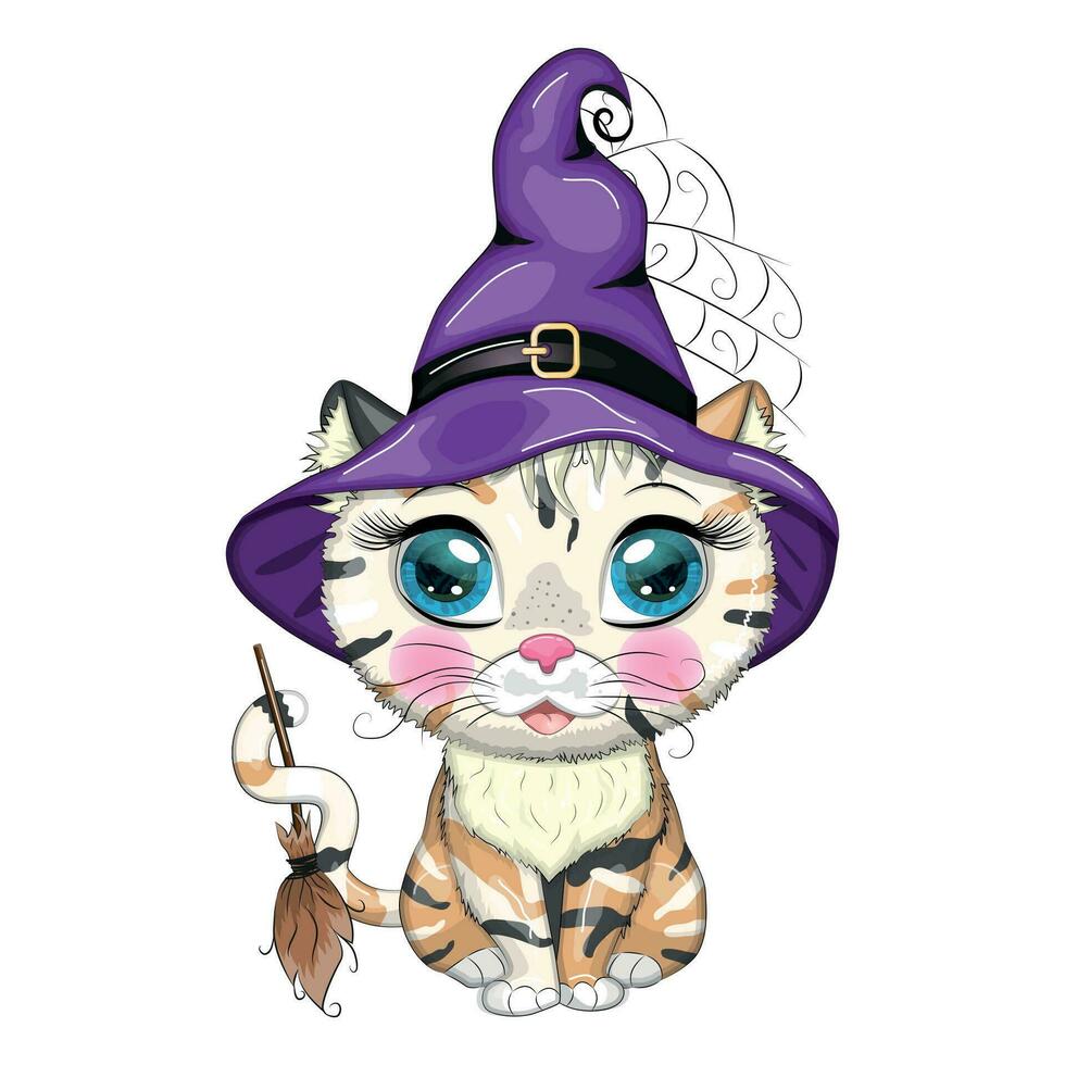 gato de desenho animado com chapéu de bruxa roxo com vassoura, abóbora, poção. personagem de halloween, pôster. símbolo de 2023 vetor