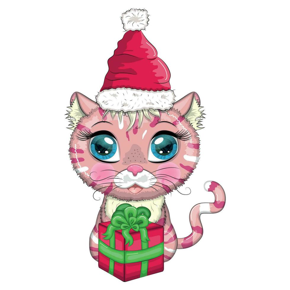 gato bonito dos desenhos animados no chapéu de Papai Noel com presente, bola de natal, kane de doces. inverno 2023, natal e novo chinês vetor