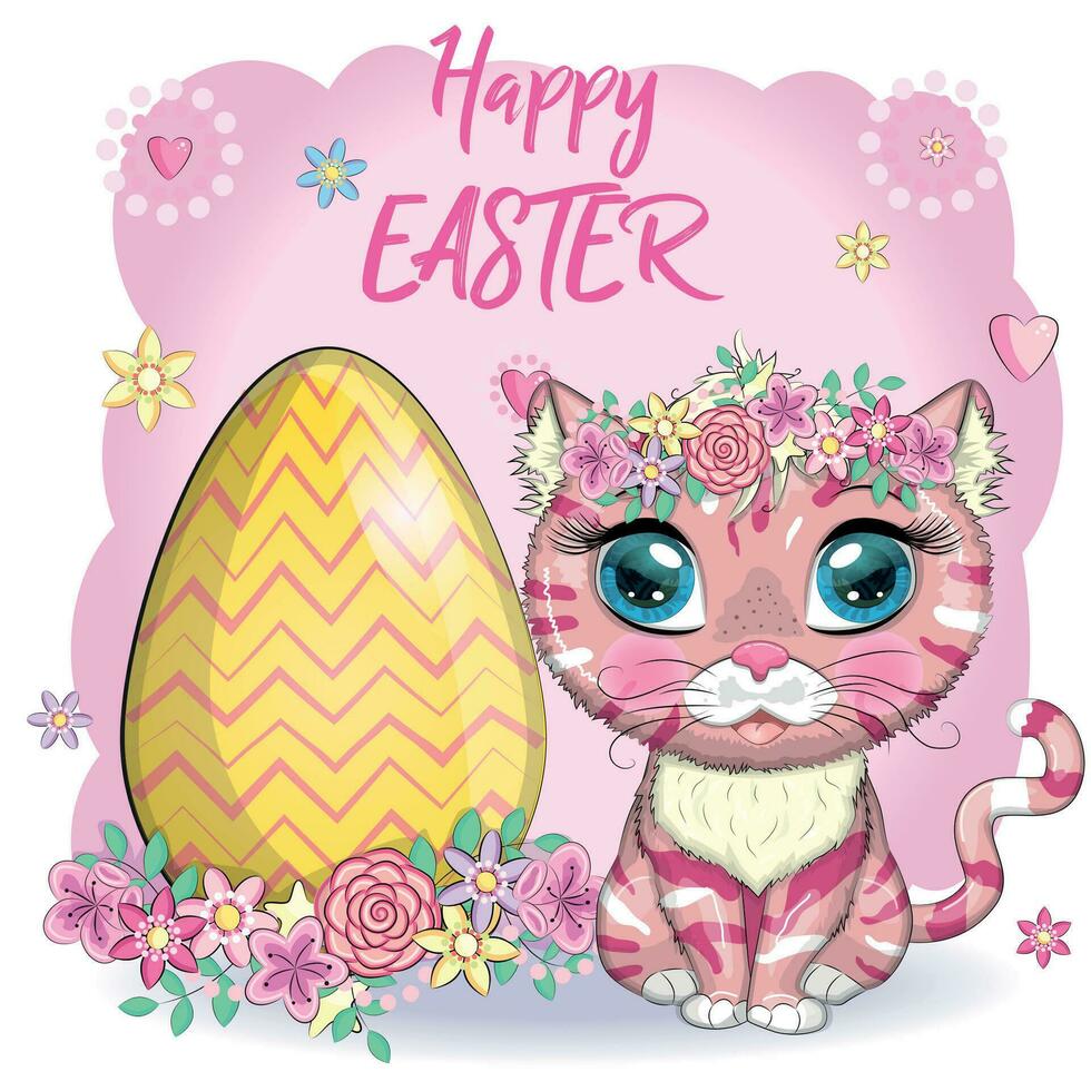gato bonito dos desenhos animados perto de uma linda cesta de páscoa cheia de ovos. cartão de feliz páscoa vetor