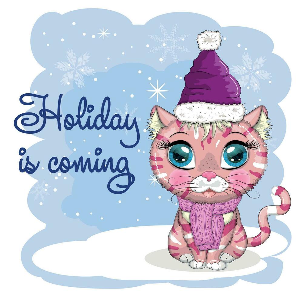 gato bonito dos desenhos animados em um chapéu de Papai Noel em um fundo de neve. inverno 2023, natal e ano novo chinês. vetor