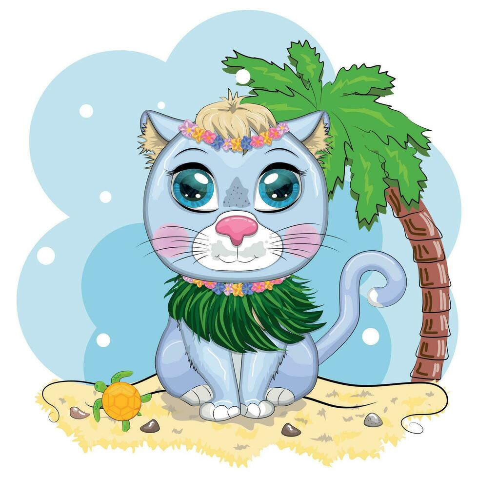 gato de desenho animado vestido como dançarino de hula sob o ukulele, havaí. férias de verão. personagem de criança fofa, símbolo de 2023 vetor