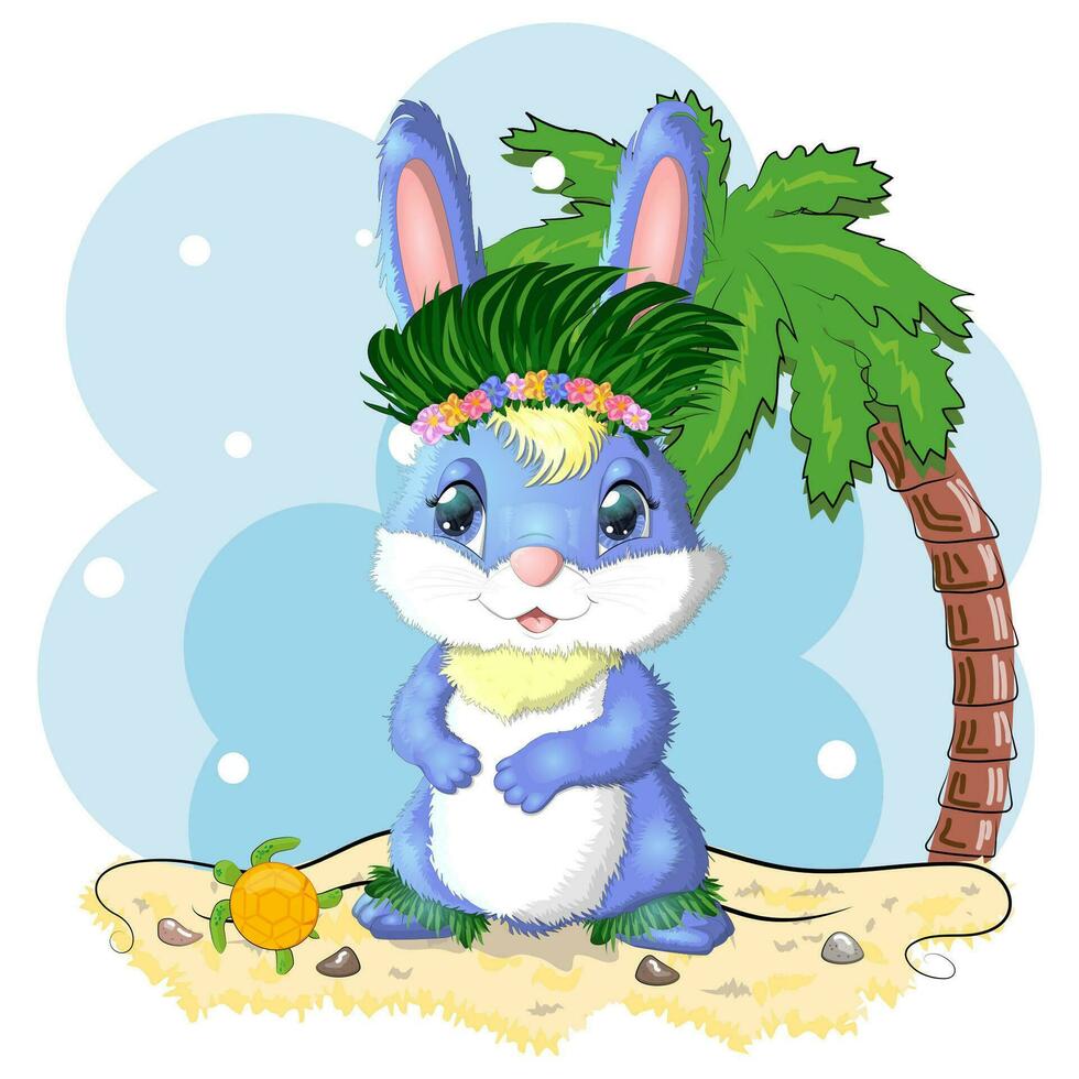 coelho fofo, lebre em roupas havaianas dançando hula. grinalda e guirlanda de flores, praia, férias, conceito de férias. vetor