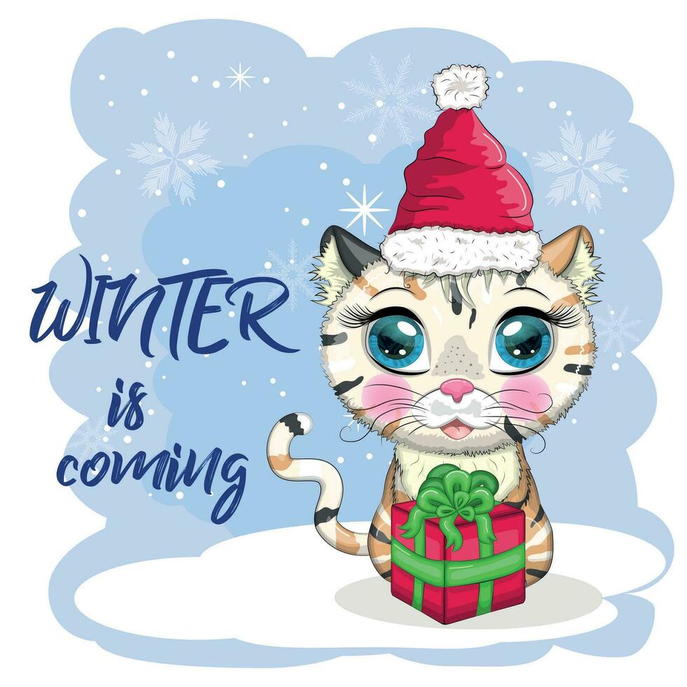 gato bonito dos desenhos animados em um chapéu de Papai Noel em um fundo de neve. inverno 2023, natal e ano novo chinês. vetor