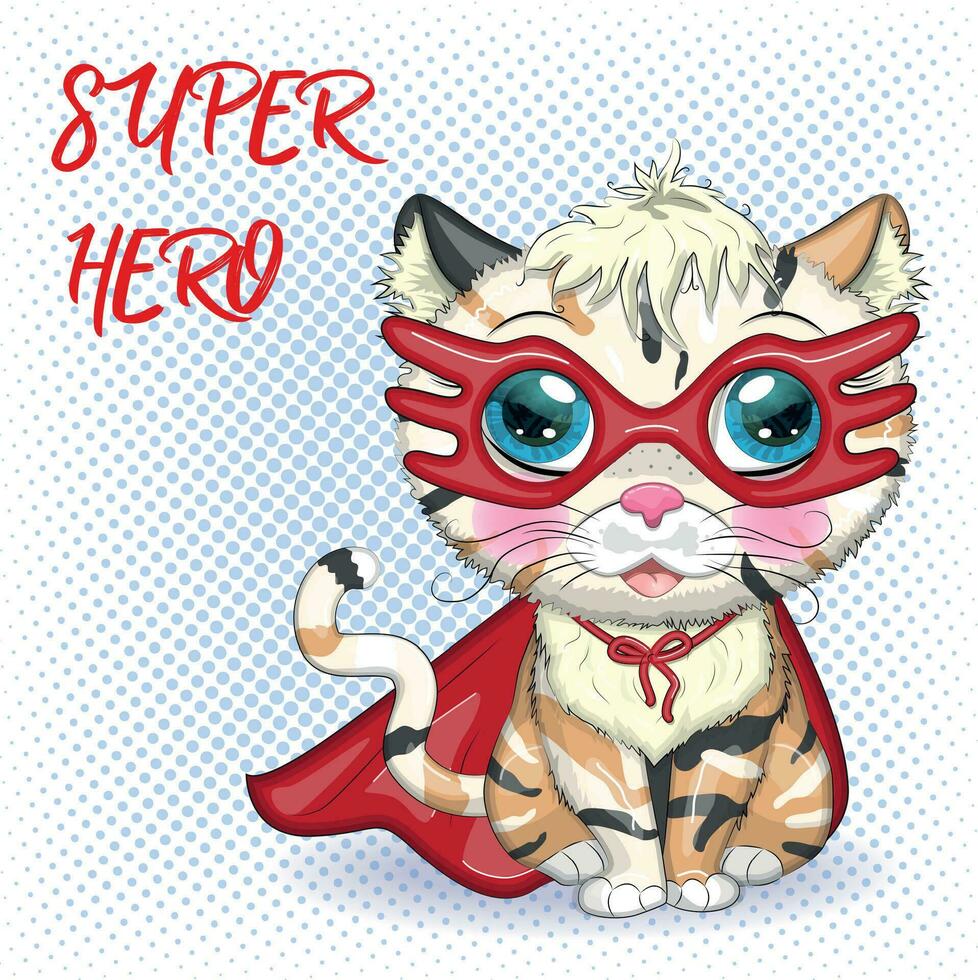 super-herói de gato de desenho animado em um manto vermelho e máscara. personagem de criança fofa, símbolo do novo ano chinês de 2023 vetor