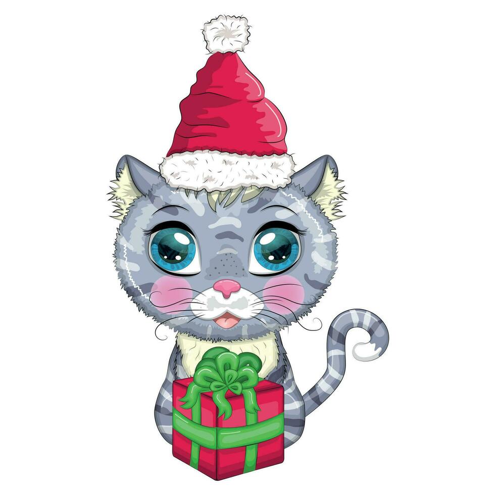 gato bonito dos desenhos animados no chapéu de Papai Noel com presente, bola de natal, kane de doces. inverno 2023, natal e novo chinês vetor