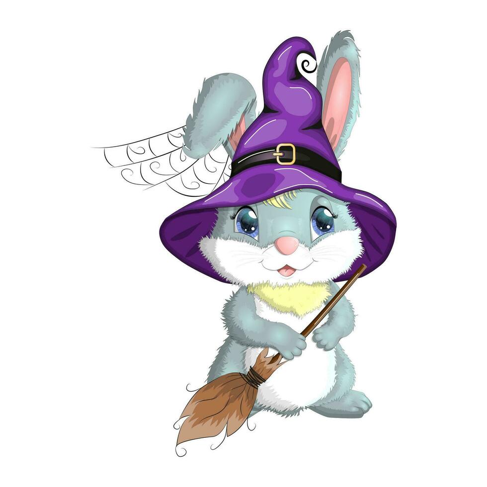 coelhinha com chapéu de bruxa com abóbora, vassoura, poção. feliz conceito de festival de halloween. personagem de mascote de lebre ano 2023 vetor