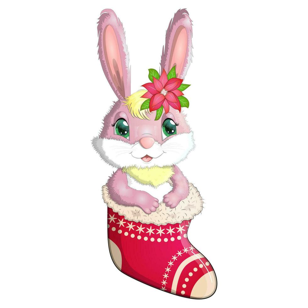 um coelho bonito dos desenhos animados em um chapéu de Papai Noel está sentado em uma meia de natal. inverno 2023, natal e ano novo vetor