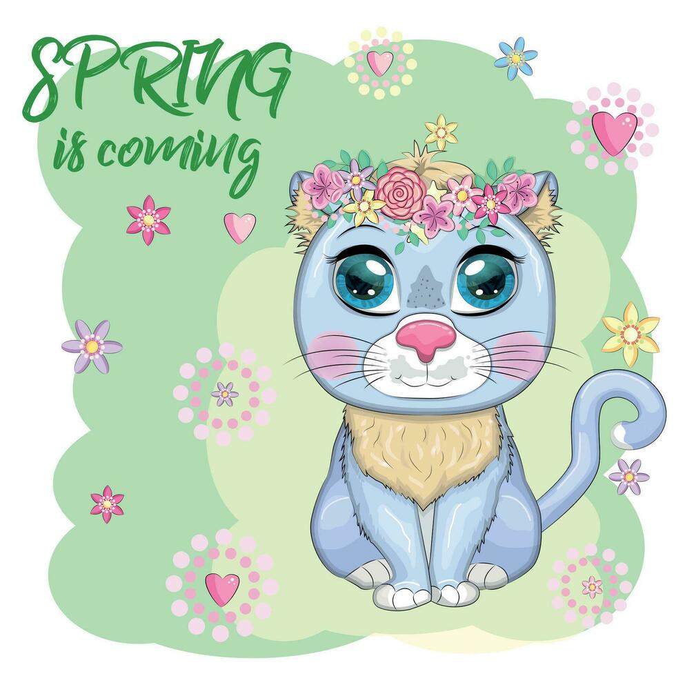 gato de desenho animado com uma coroa de flores. a primavera está chegando. personagem de criança fofa, símbolo do novo ano chinês de 2023 vetor