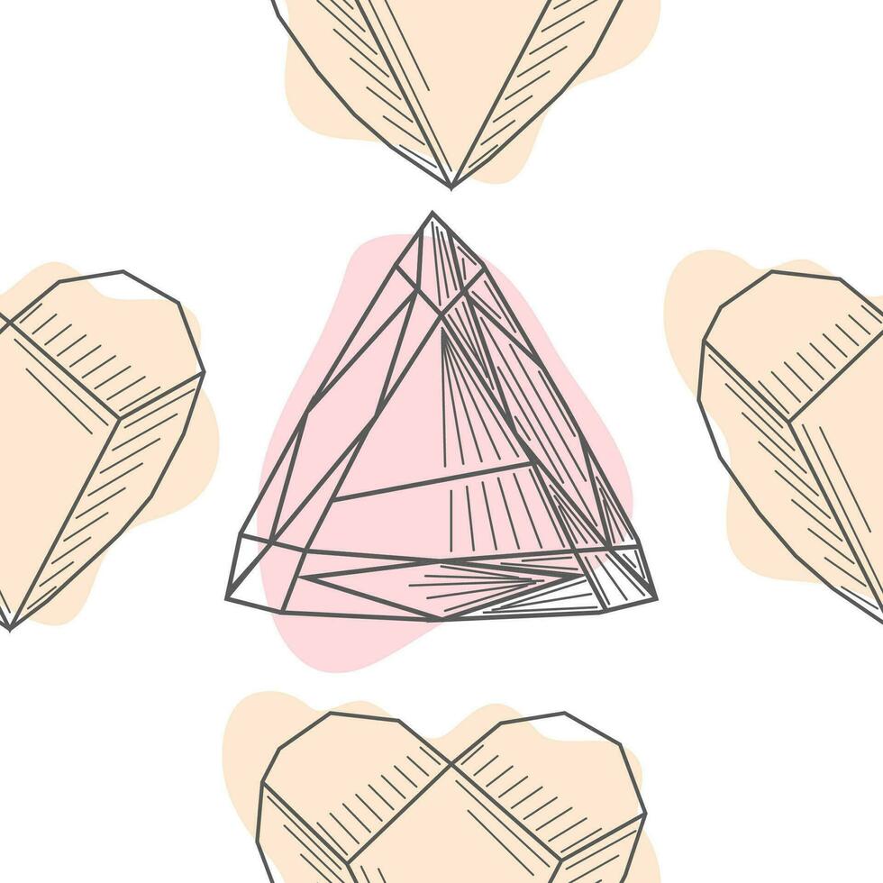 colorida desatado padronizar com mão desenhado cristais e gemas dentro rosa, lilás tons com ouro contorno, ilustração vetor