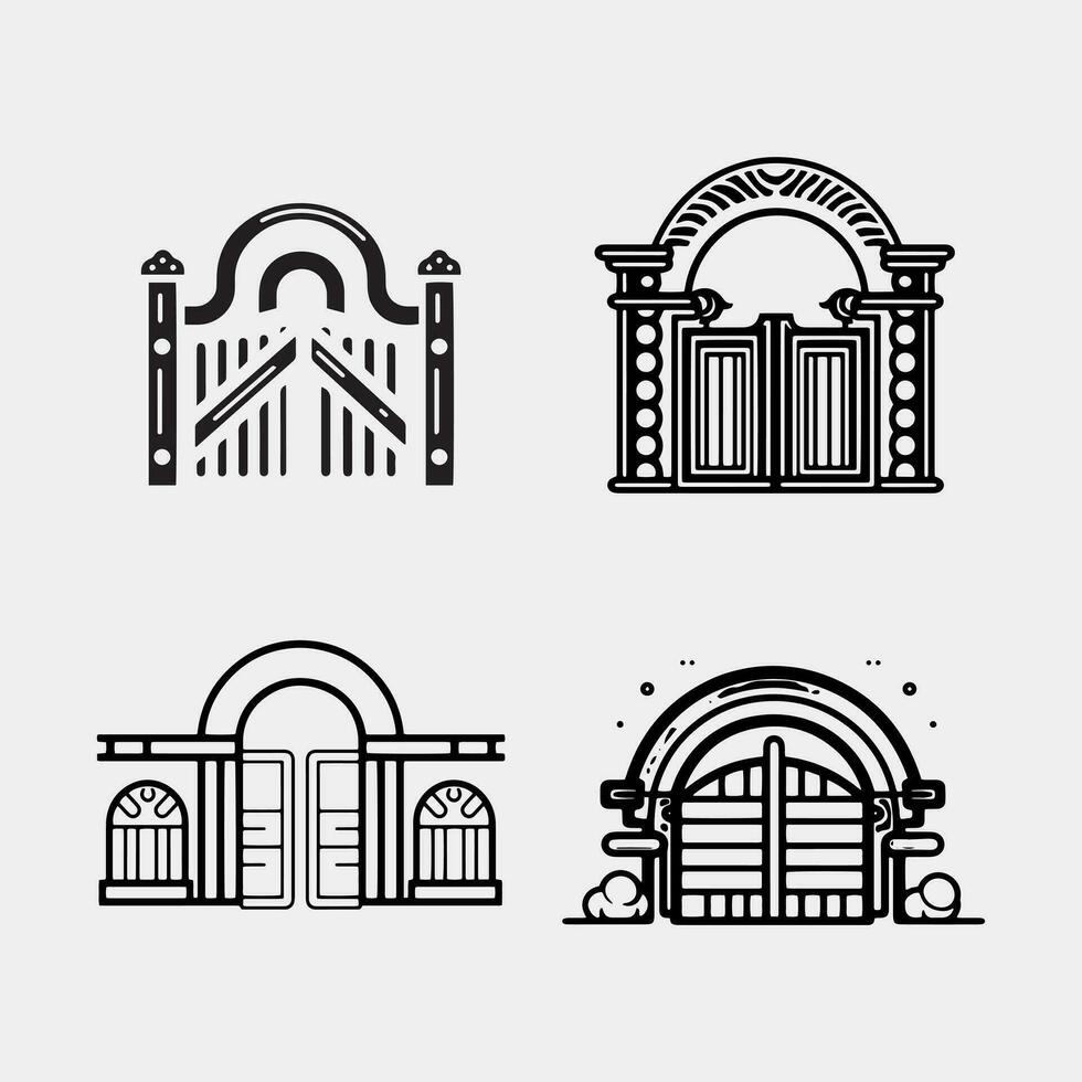 conjunto linha clássico portão portão com de madeira cerca ícone isolado em Preto e branco fundo. cerca portão. vetor ilustração.