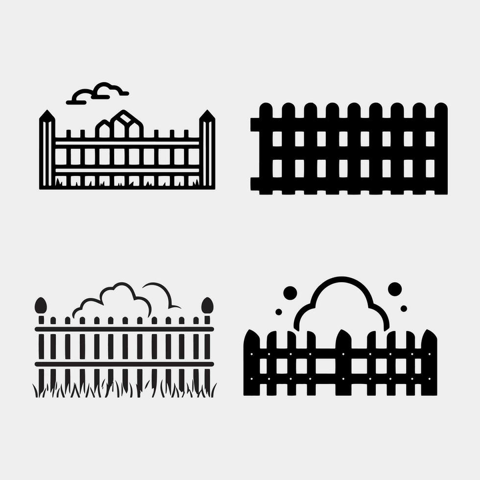 conjunto linha clássico portão portão com de madeira cerca ícone isolado em Preto e branco fundo. cerca portão. vetor ilustração.