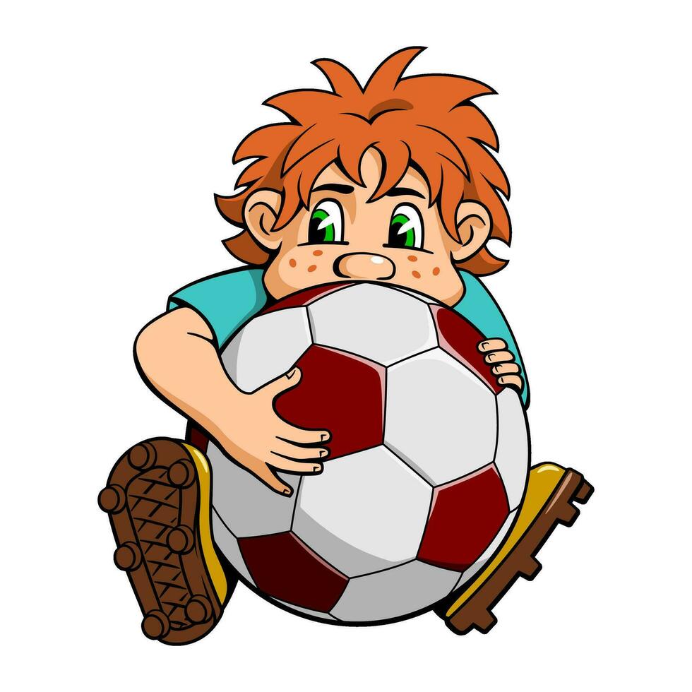 desenho animado pequeno goleiro sentado com futebol bola. vetor clipart isolado em branco.