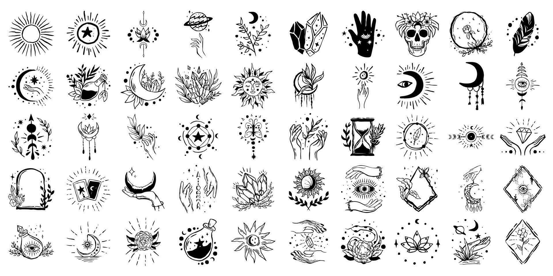 celestial mágico místico boho elementos clipart mão desenhado vetor definir, boêmio espiritual astrologia desenhando coleção para impressão silhueta trabalhos manuais e camiseta desenhos