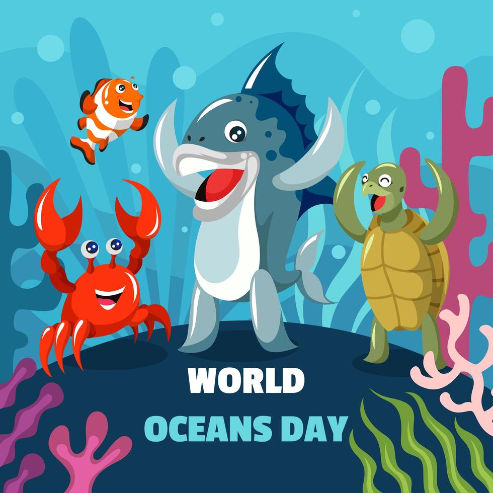 personagens de criaturas marinhas celebram o dia mundial dos oceanos vetor