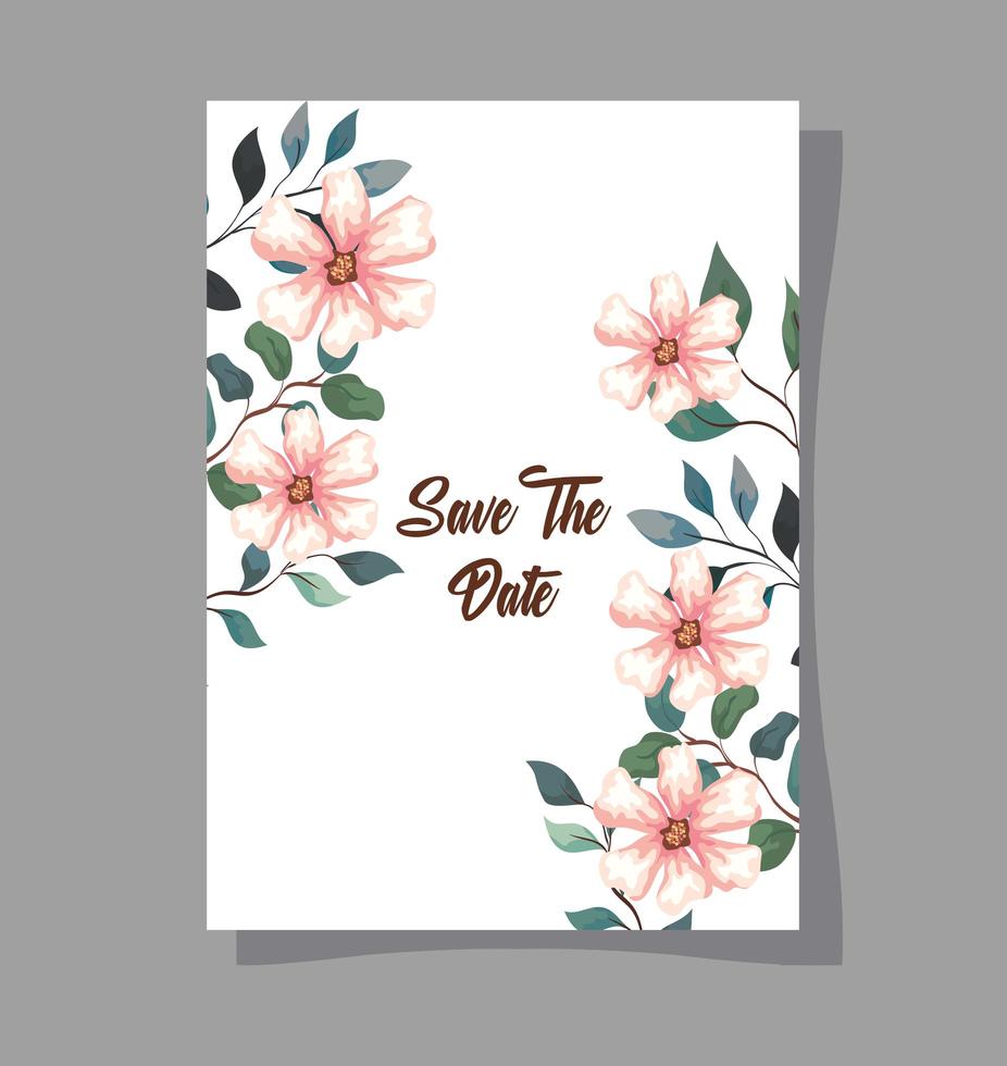 cartão de felicitações, convite de casamento com decoração de flores, ramos e folhas vetor