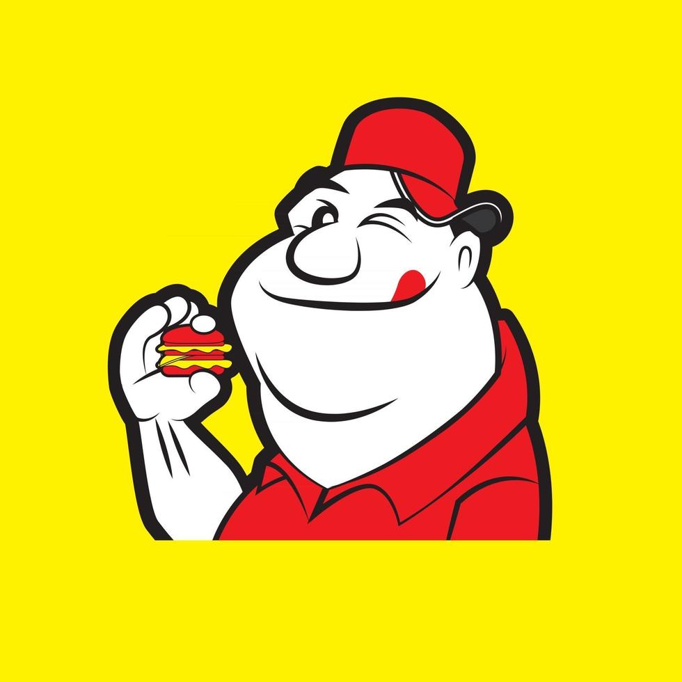 desenho animado engraçado gordo segurando um grande hambúrguer vetor