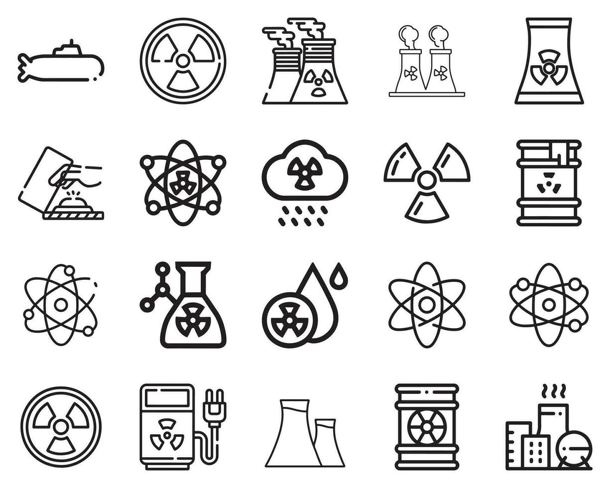 simples conjunto do nuclear relacionado vetor linha ícones. contém tal ícones Como nuclear bombear, átomo, nuclear energia, nuclear plantar, radiação e mais. editável AVC. 48x48 pixel perfeito.