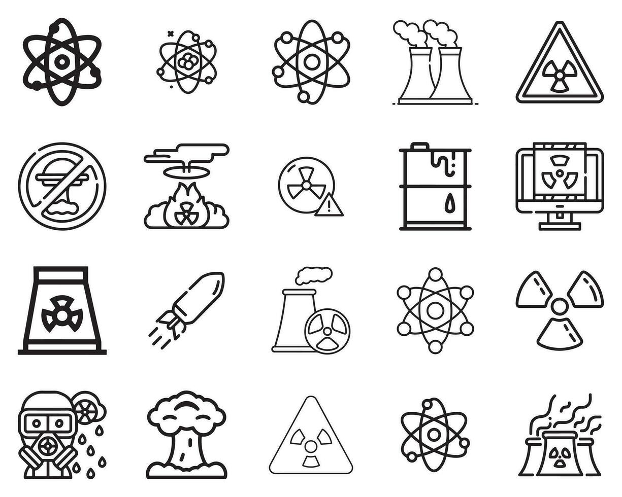 simples conjunto do nuclear relacionado vetor linha ícones. contém tal ícones Como nuclear bombear, átomo, nuclear energia, nuclear plantar, radiação e mais. editável AVC. 48x48 pixel perfeito.