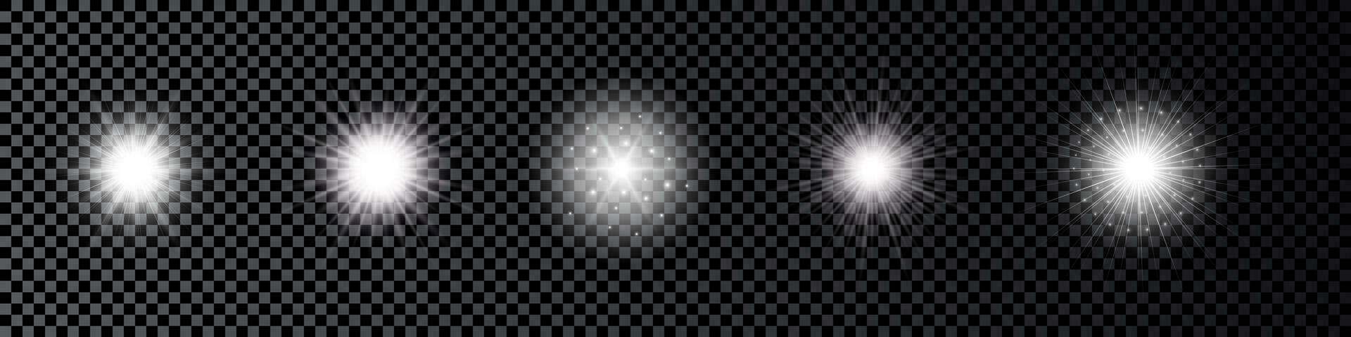 luz efeito do lente chamas. conjunto do cinco branco brilhando luzes starburst efeitos com brilhos em uma Sombrio vetor