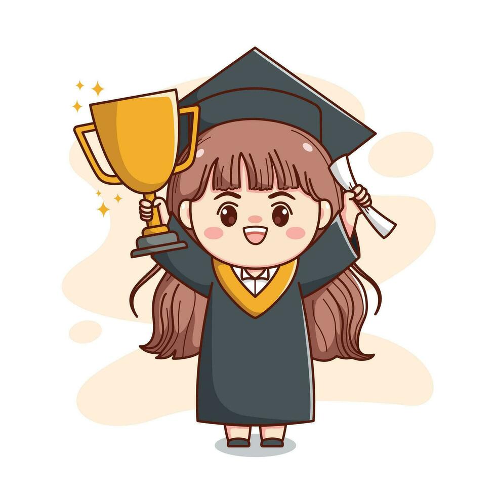 feliz graduação menina segurando troféu e papel fofa kawaii chibi desenho animado vetor