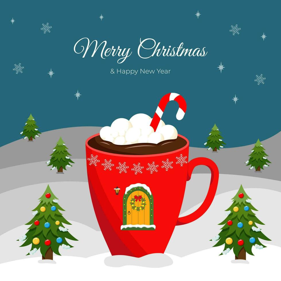 Natal e Novo ano fundo. copo do quente chocolate ou café decorado de marshmallow, doce bengala, porta, guirlanda e lanterna . vetor ilustração. cumprimento cartão, bandeira, poster.