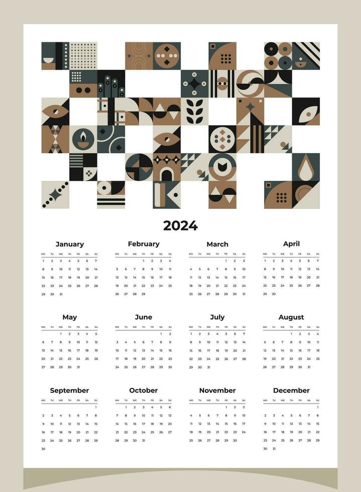 calendário 2024 geométrico padrões. calendário modelo para 2024 ano com geométrico formas. vetor