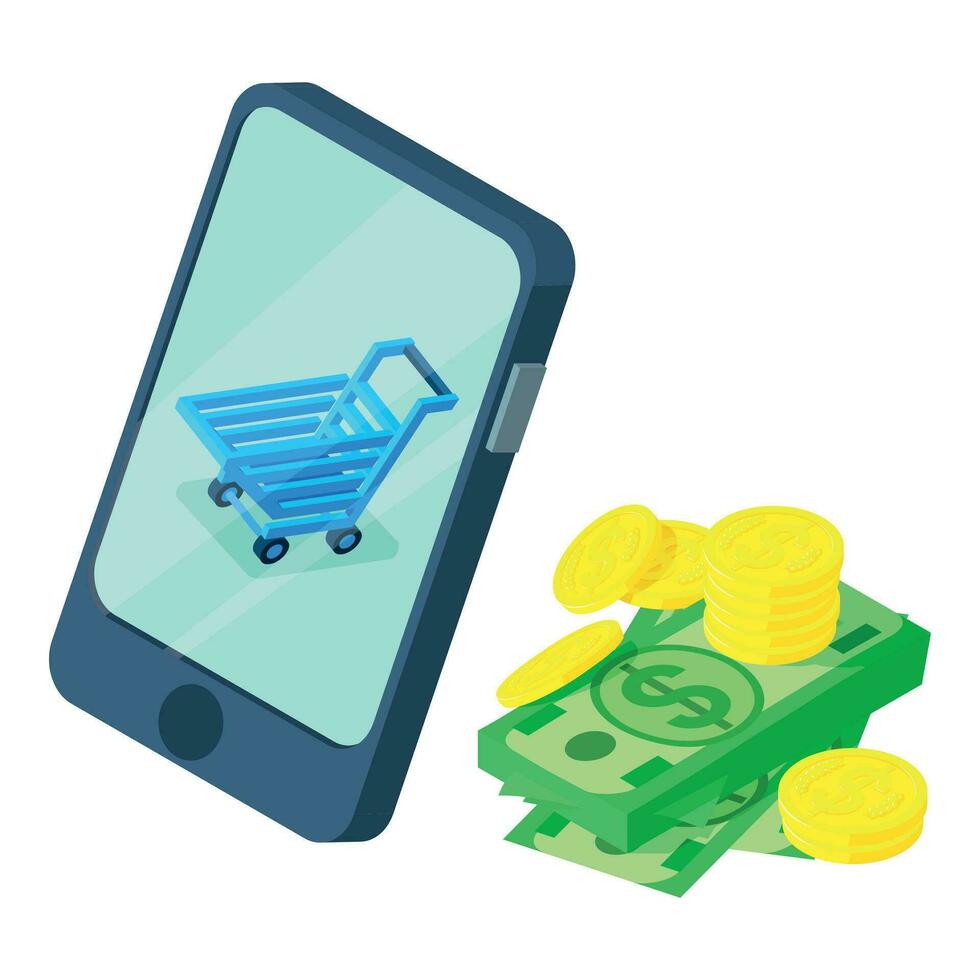 conectados compras ícone isométrico vetor. dinheiro e fazer compras carrinho em Smartphone tela vetor