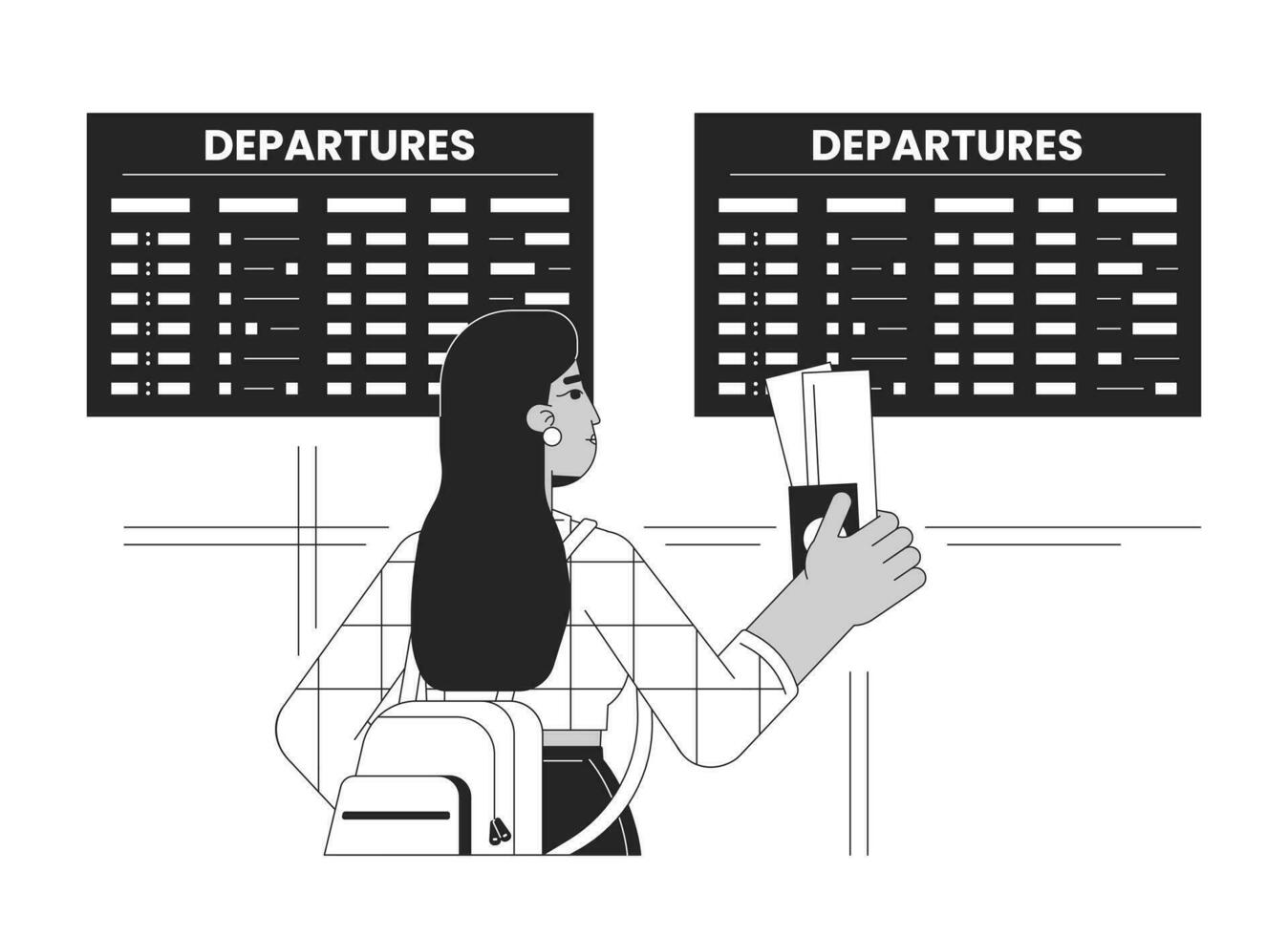 aeroporto saída bw vetor local ilustração. viajando aeroporto aluna fêmea 2d desenho animado plano linha monocromático personagem para rede ui Projeto. menina com bilhetes editável isolado esboço herói imagem