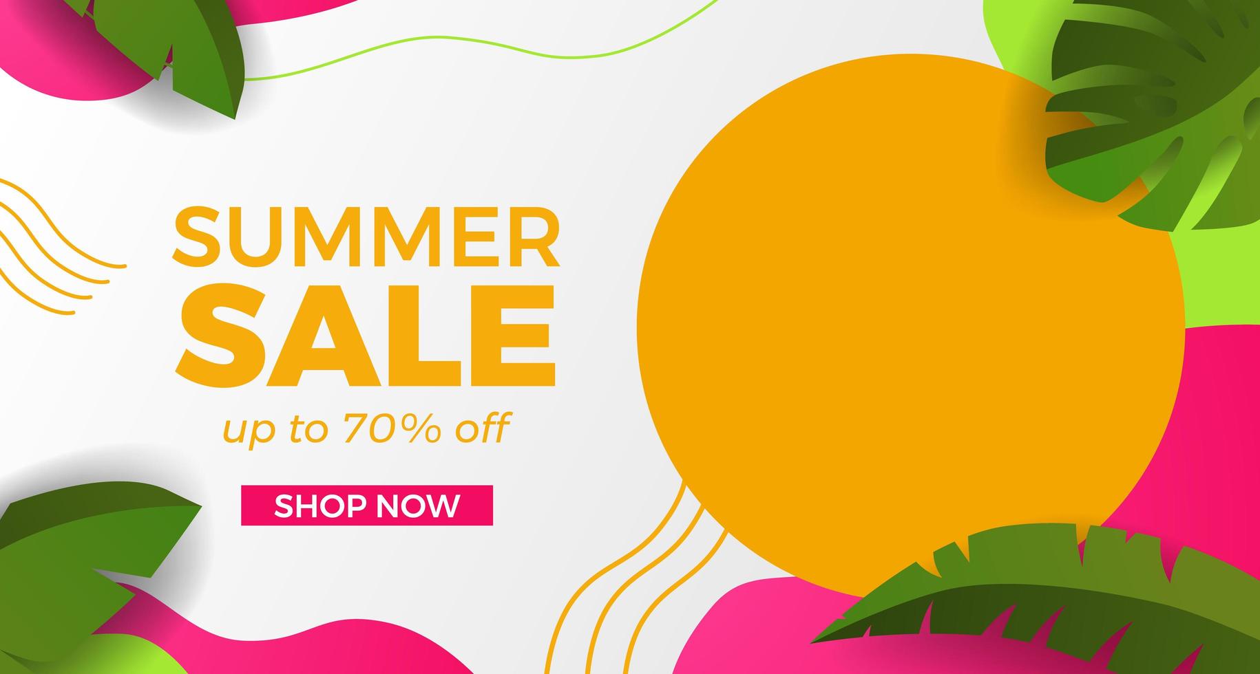 promoção de banner de oferta básica rgbhello liquidação de verão com formas curvas de onda com estilo abstrato de memphis e ilustração de folhas vetor