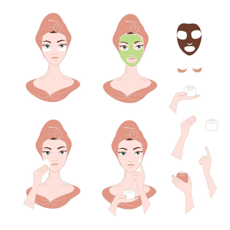 conjunto de imagens de procedimentos de cuidados da pele facial para mulheres vetor