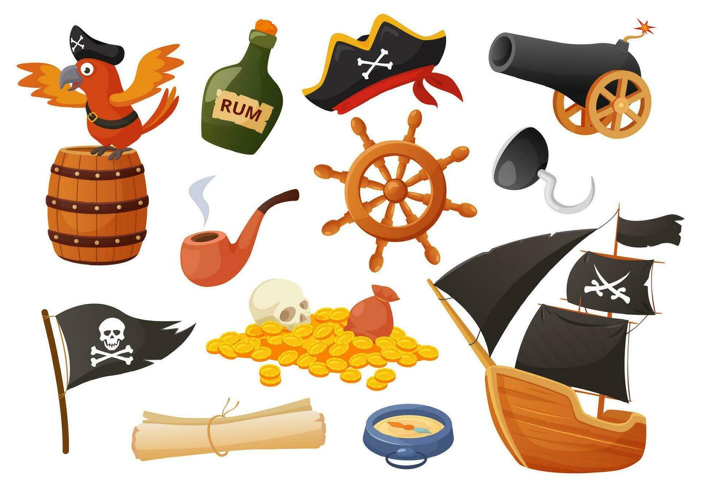 desenho animado pirata elementos, papagaio, canhão, tesouros, Navegando enviar. bandeira, direção roda, bússola, mapa, piratas mar aventura vetor conjunto