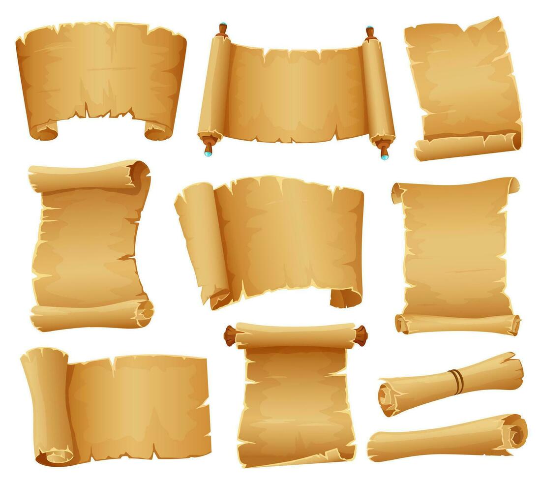 desenho animado pergaminhos, velho pergaminho papel, antigo papiro rolagem. Antiguidade manuscrito rolar, medieval enrolado papéis, em branco Tesouro mapa vetor conjunto