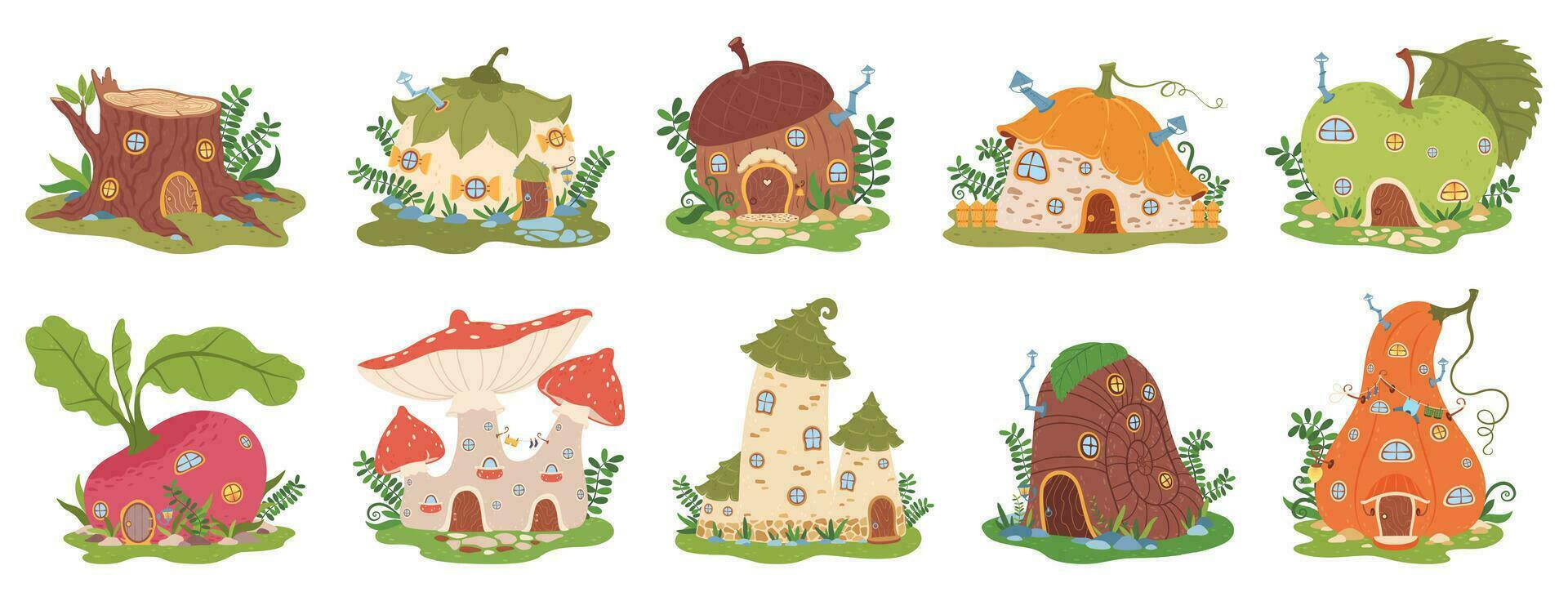 desenho animado jardim gnomo casas, fofa conto de fadas anões casa. fantasia floresta elfos edifícios dentro forma do cogumelo, abóbora, maçã vetor conjunto