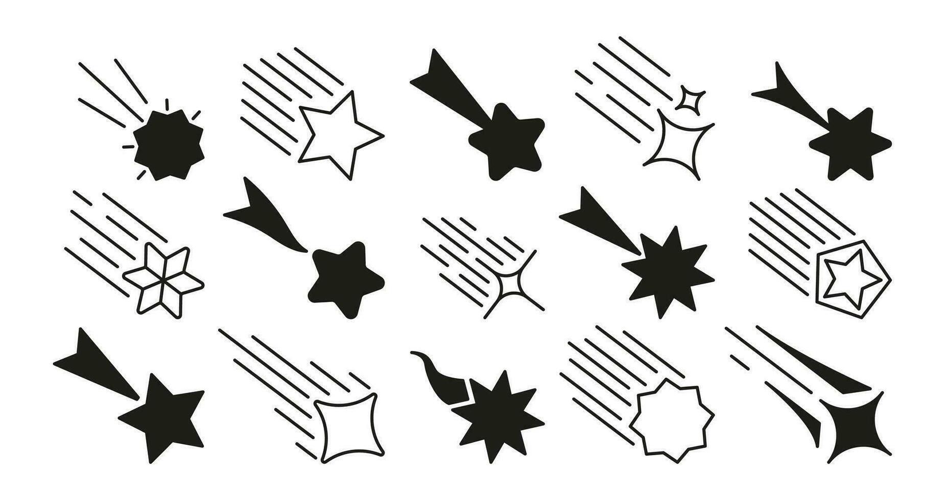 tiroteio Estrela ícones. abstrato queda símbolos com brilhar trilha, conjunto do cometa meteorito silhuetas diferente formas simples Projeto. vetor isolado coleção