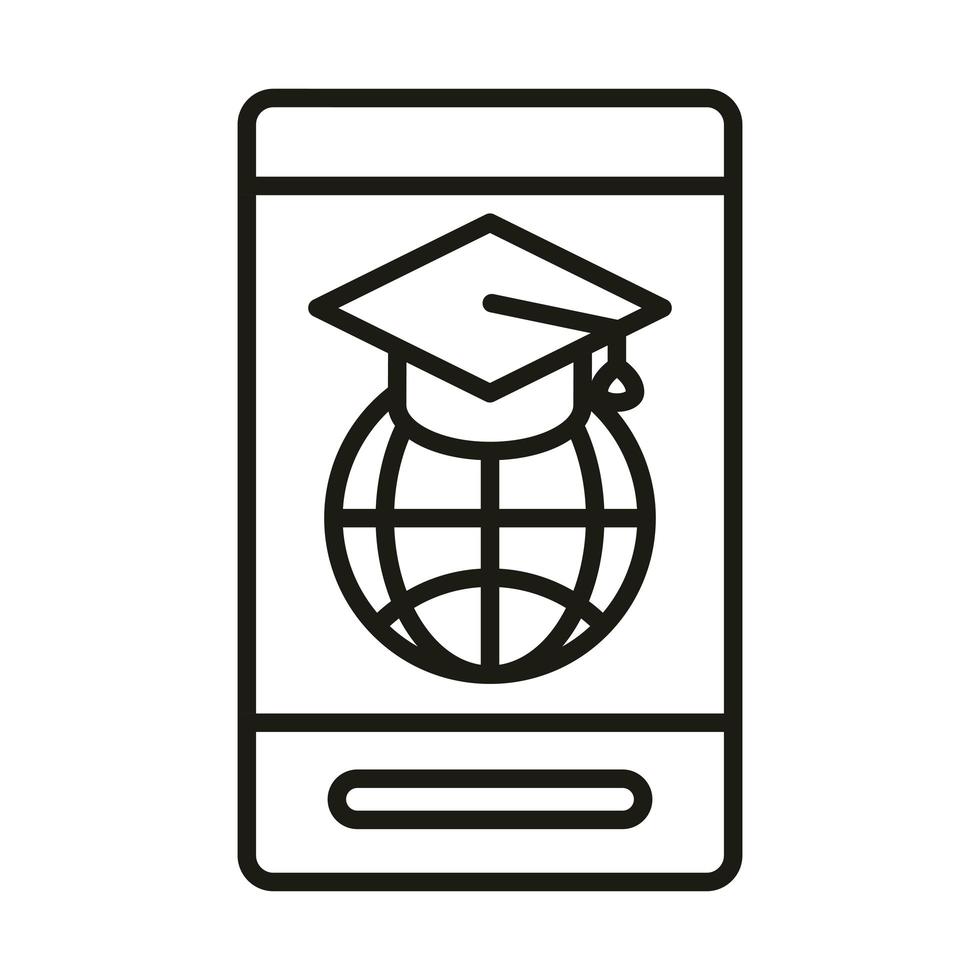 ícone de estilo de linha de e-learning de educação e desenvolvimento on-line chapéu de formatura do mundo smartphone vetor