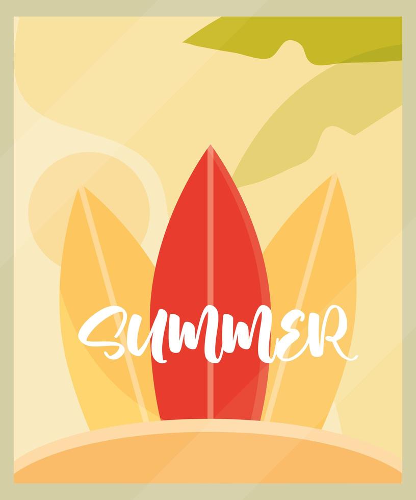Olá, banner de verão pranchas de surf conceito de viagens de férias da temporada de palma vetor