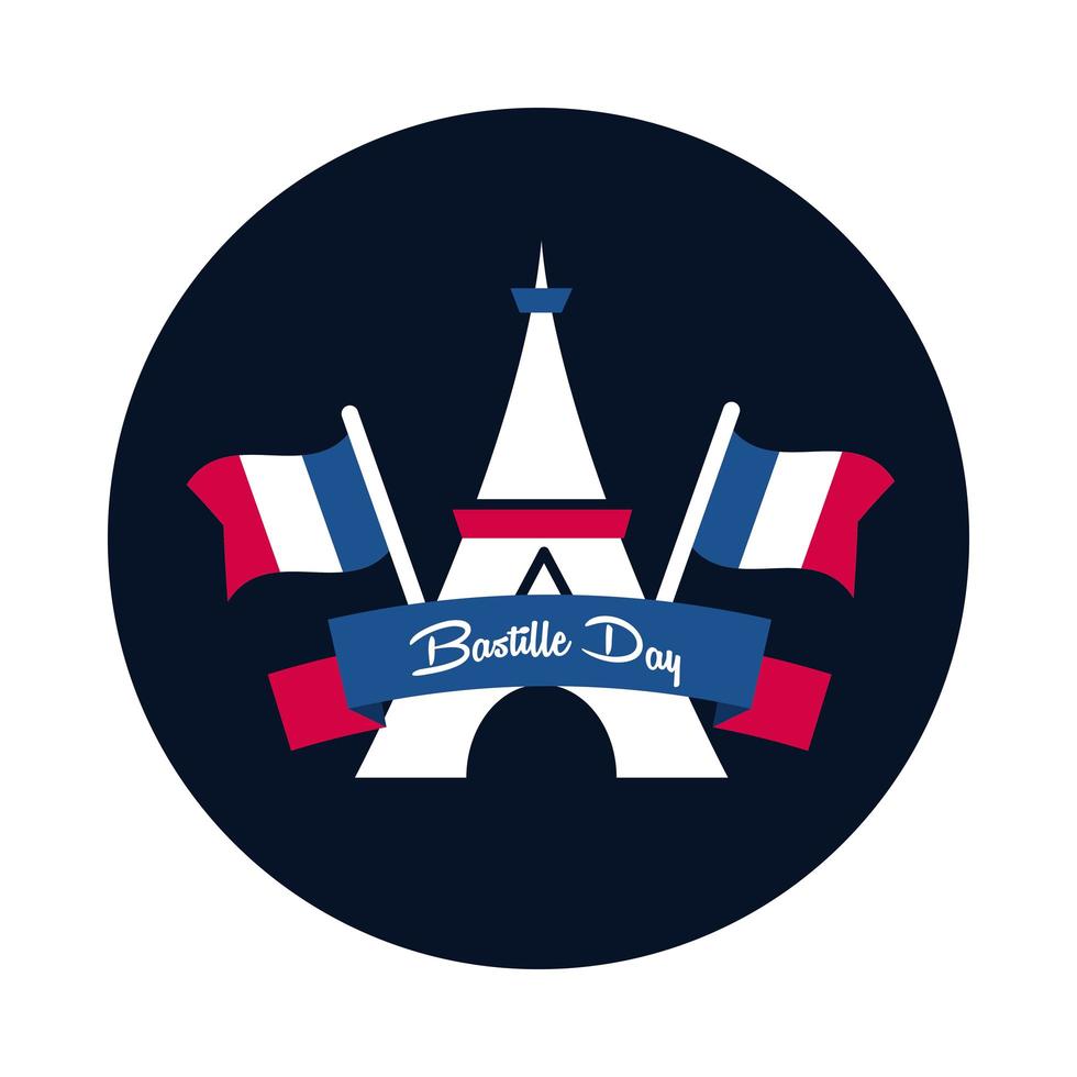 Bastille Day Torre Eiffel com bloco de bandeiras e design de vetor de ícone de estilo simples