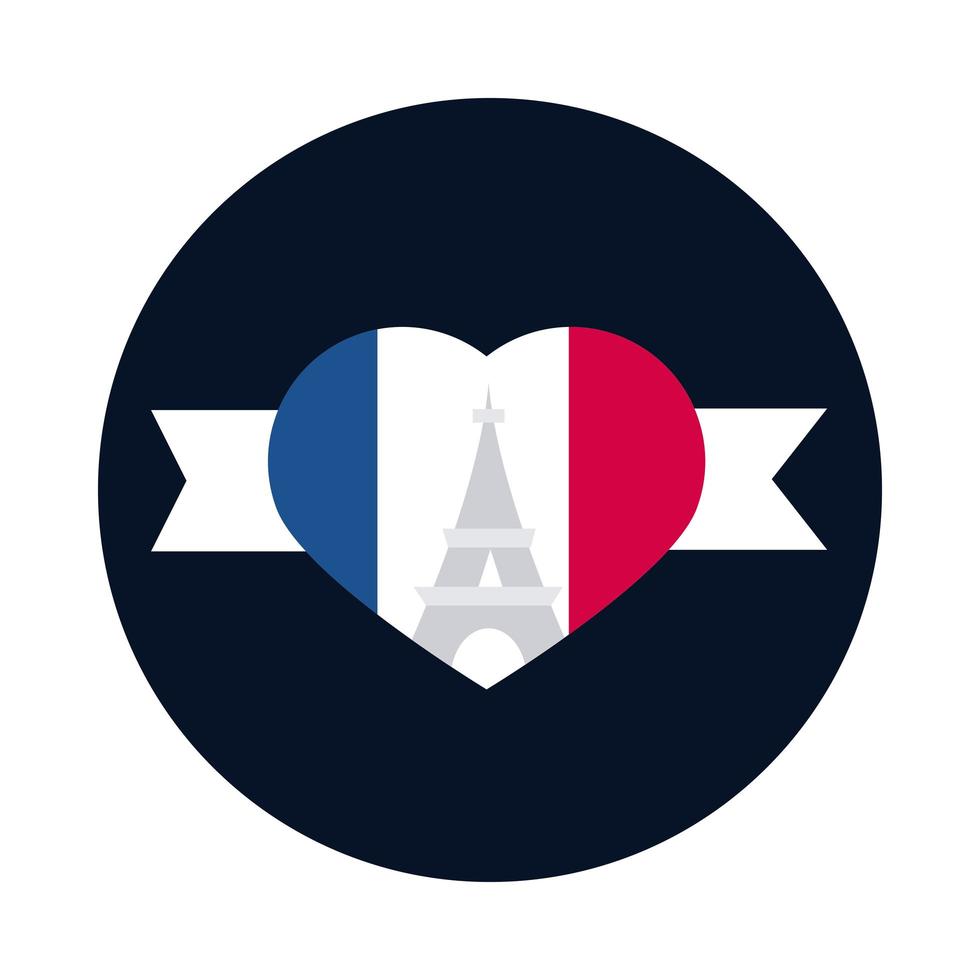 Torre Eiffel da França dentro do bloco de coração e design de vetor de ícone de estilo simples