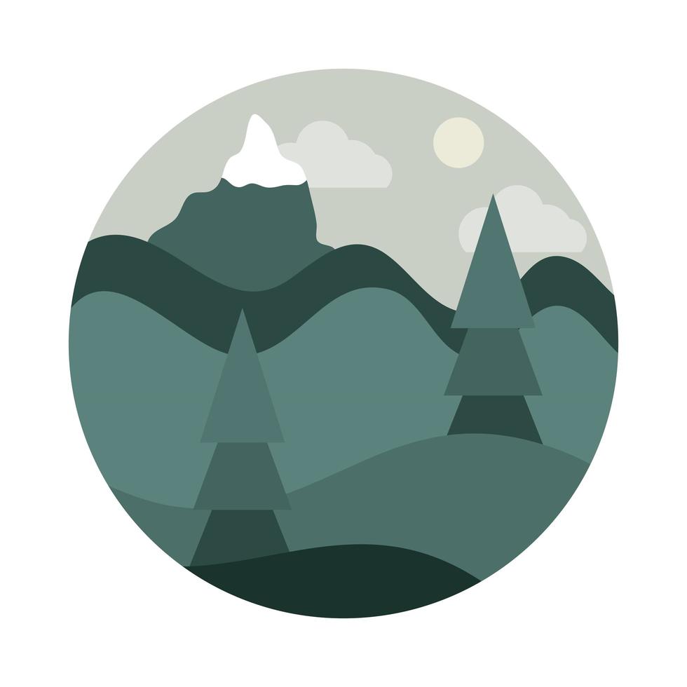 ícone de estilo plano paisagem natureza cênica pinheiros nevado montanha sol vetor