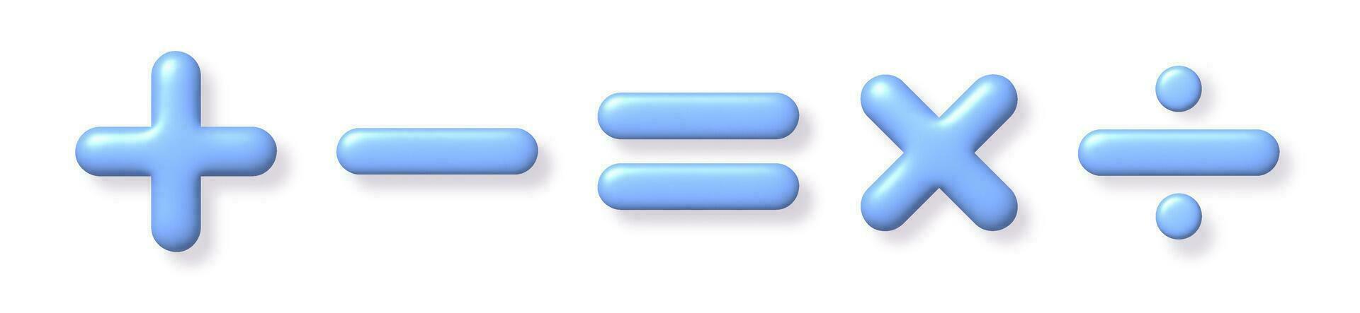 matemática 3d ícone definir. azul aritmética mais, menos, é igual a, multiplicar e dividir sinais em branco fundo com sombra. vetor ilustração.